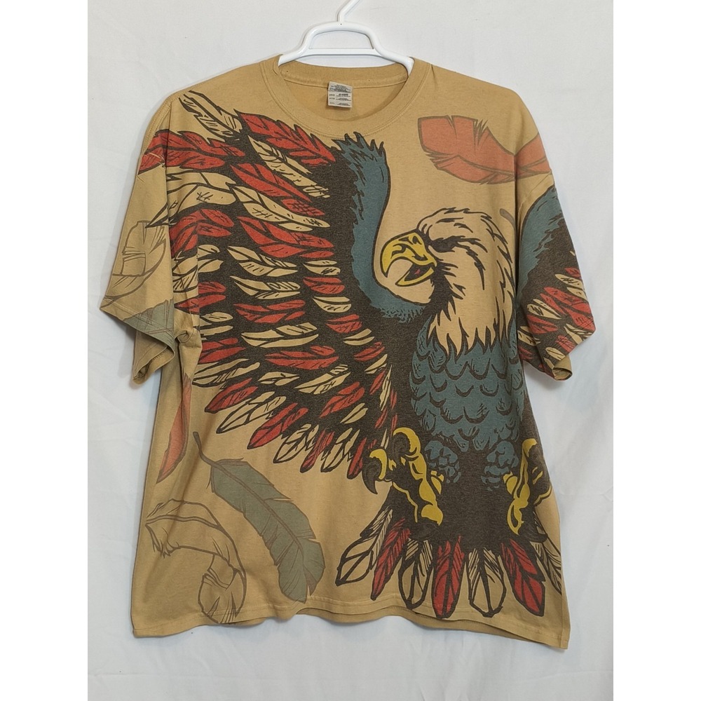 Mens 2XL Bald Eagle Graphic Shirt Tan All Over print Feather Americana Southwest
